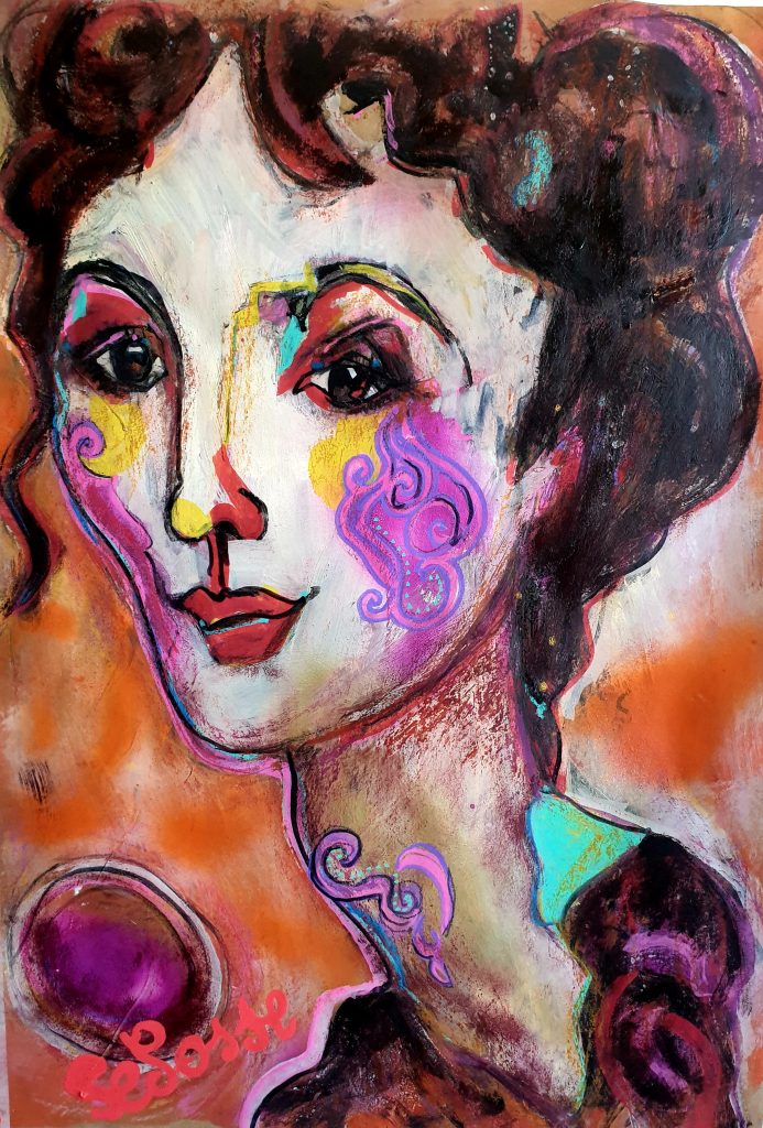 Portrait expressionniste coloré de Mata Hari avec des arabesques violettes sur le visage. Peinture en technique mixte sur papier kraft par l'artiste Jérôme Selosse à Bruxelles.