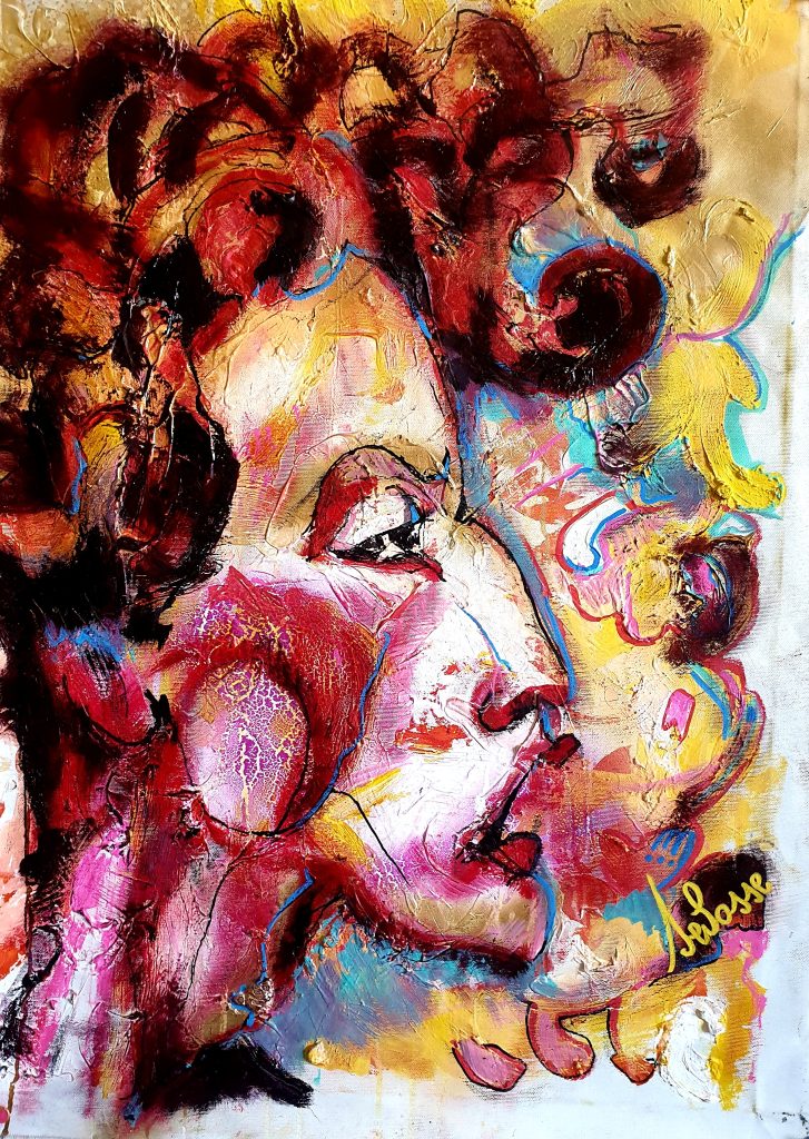 Portrait expressionniste de profil aux couleurs vibrantes rouge et jaune avec textures en relief. Peinture inspirée par Édith Piaf, réalisée en technique mixte par Jérôme Selosse à Bruxelles.
