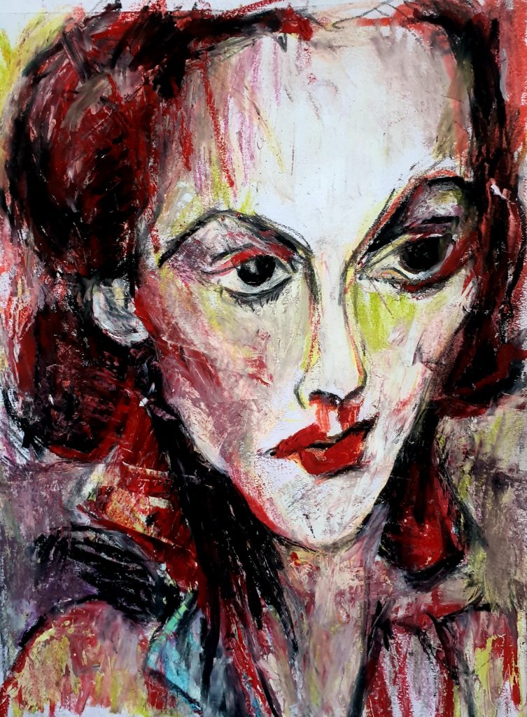 Portrait expressionniste de Simone de Beauvoir. Peinture aux tons rouges, jaunes et blancs avec un regard intense. Œuvre en technique mixte de l'artiste Jérôme Selosse pour une exposition à Bruxelles.
