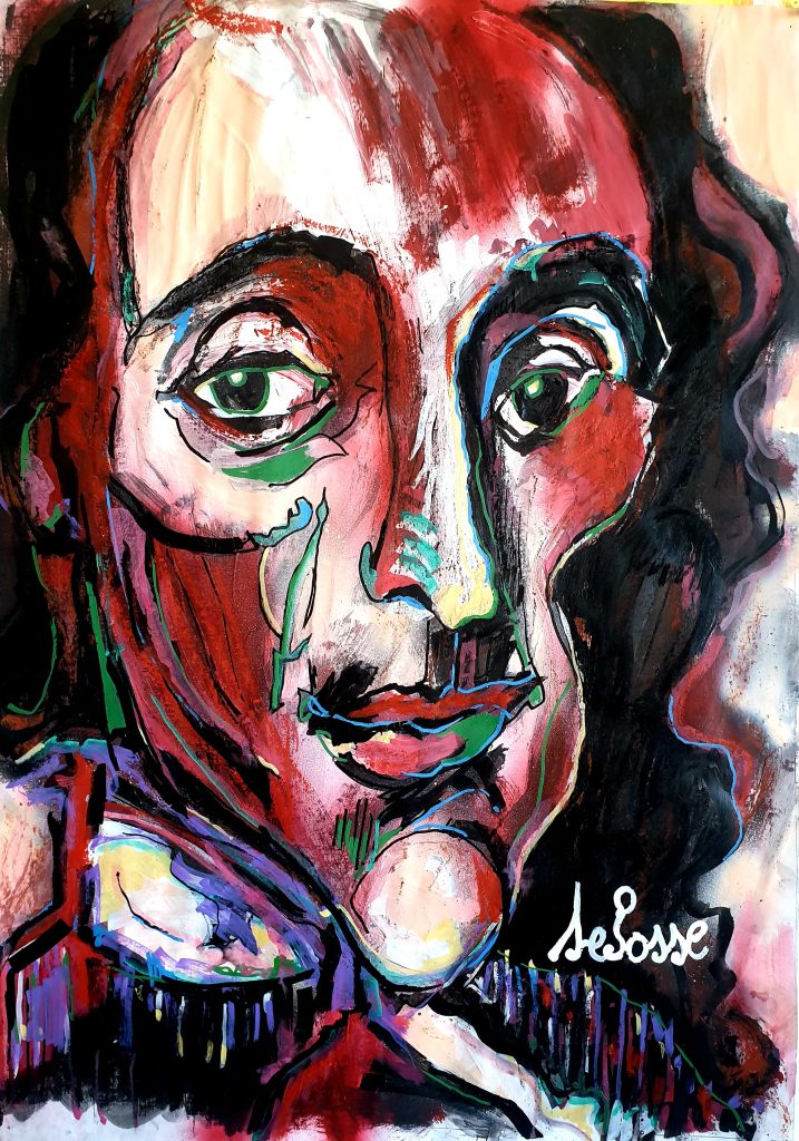 Portrait expressionniste du philosophe Spinoza aux yeux verts perçants. Peinture vibrante et texturée réalisée en technique mixte (huile, acrylique, posca, fusain, bombe) par Jérôme Selosse pour une exposition d'art à Bruxelles.