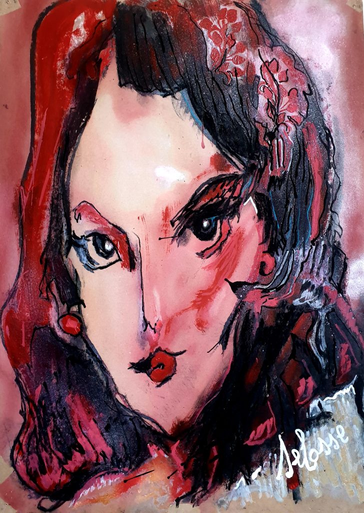 Portrait expressionniste d'une femme aux motifs floraux rouges et noirs dans les cheveux. Peinture inspirée par Parov Stelar, réalisée par Jérôme Selosse à Bruxelles.