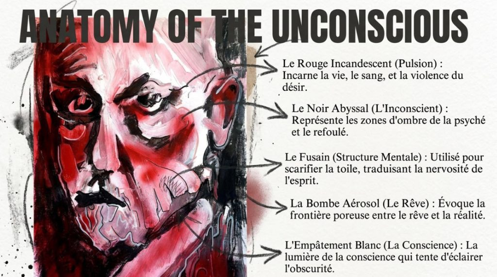 Infographie analytique du portrait de Sigmund Freud par Jérôme Selosse. Explication des symboles : rouge pour les pulsions, noir pour l'inconscient, fusain pour la structure mentale, bombe pour le rêve et impasto pour la conscience.