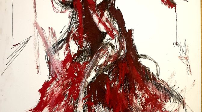 Peinture Expressionniste Mouvement par l'artiste Jérôme Selosse, représentant une figure humaine dynamique aux couleurs rouges et noires sur fond blanc.