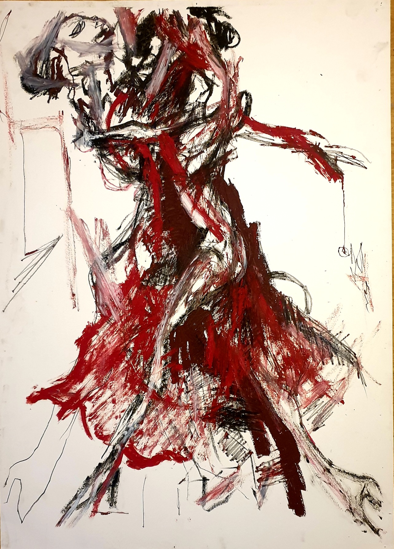 Peinture Expressionniste Mouvement par l'artiste Jérôme Selosse, représentant une figure humaine dynamique aux couleurs rouges et noires sur fond blanc.