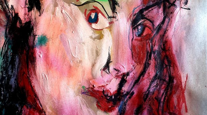 Portrait expressif Jérôme Selosse, peinture acrylique et pastel d'une femme aux couleurs vives et aux traits audacieux.