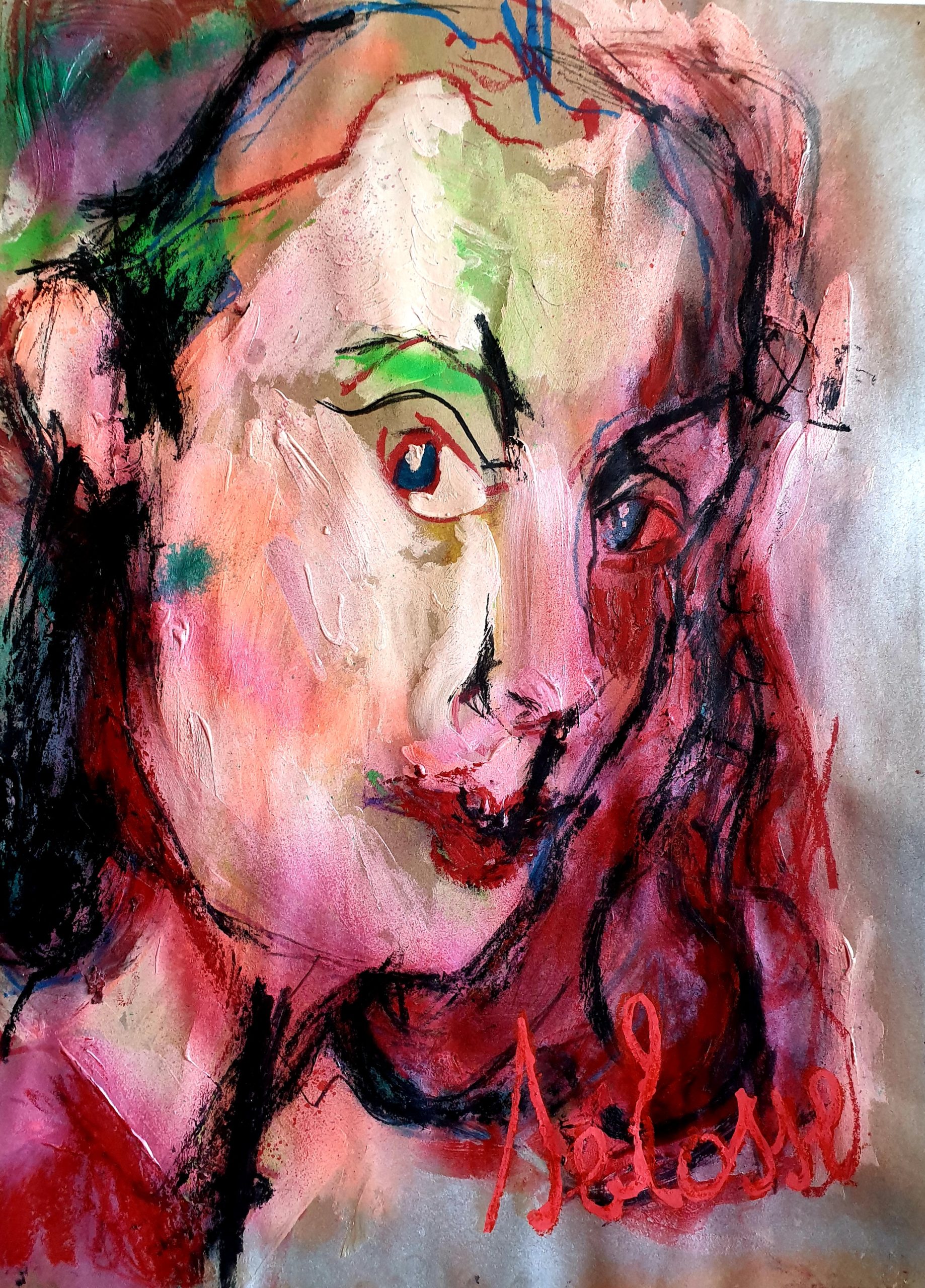 Portrait expressif Jérôme Selosse, peinture acrylique et pastel d'une femme aux couleurs vives et aux traits audacieux.