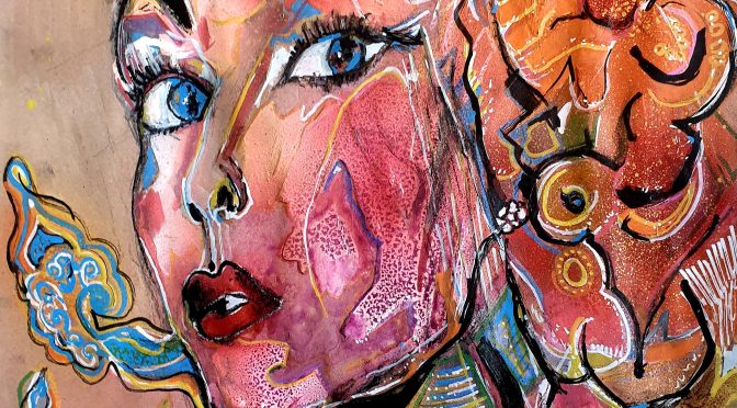 Portrait féminin coloré vibrant de Jérôme Selosse, avec des lignes dynamiques et des couleurs vives et expressionnistes.