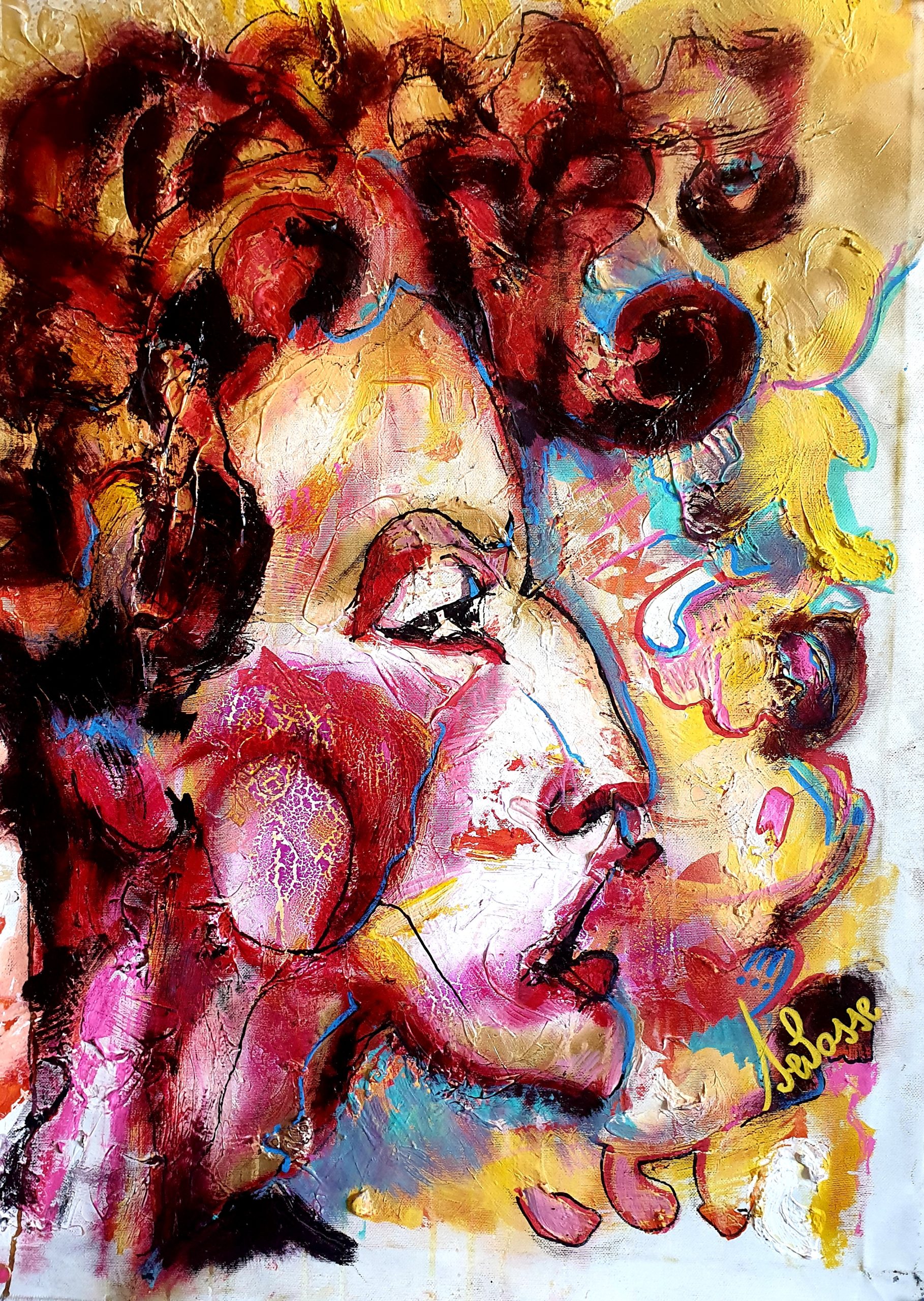 Un vibrant Portrait abstrait femme de Vincent Delarue aux couleurs chaudes et aux textures marquées, capturant l'essence d'une expression émotionnelle.