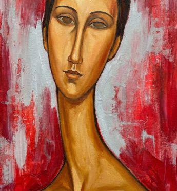 Élégant portrait femme, fond rouge
