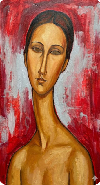 Élégant portrait femme, peinture de Jérôme Selosse, figure féminine aux lignes allongées sur un fond abstrait rouge et blanc.