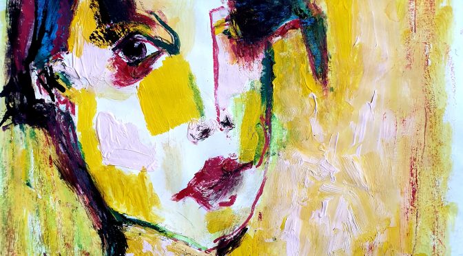 Peinture Portrait femme expressive aux couleurs vives par l'artiste Vincent Delarue