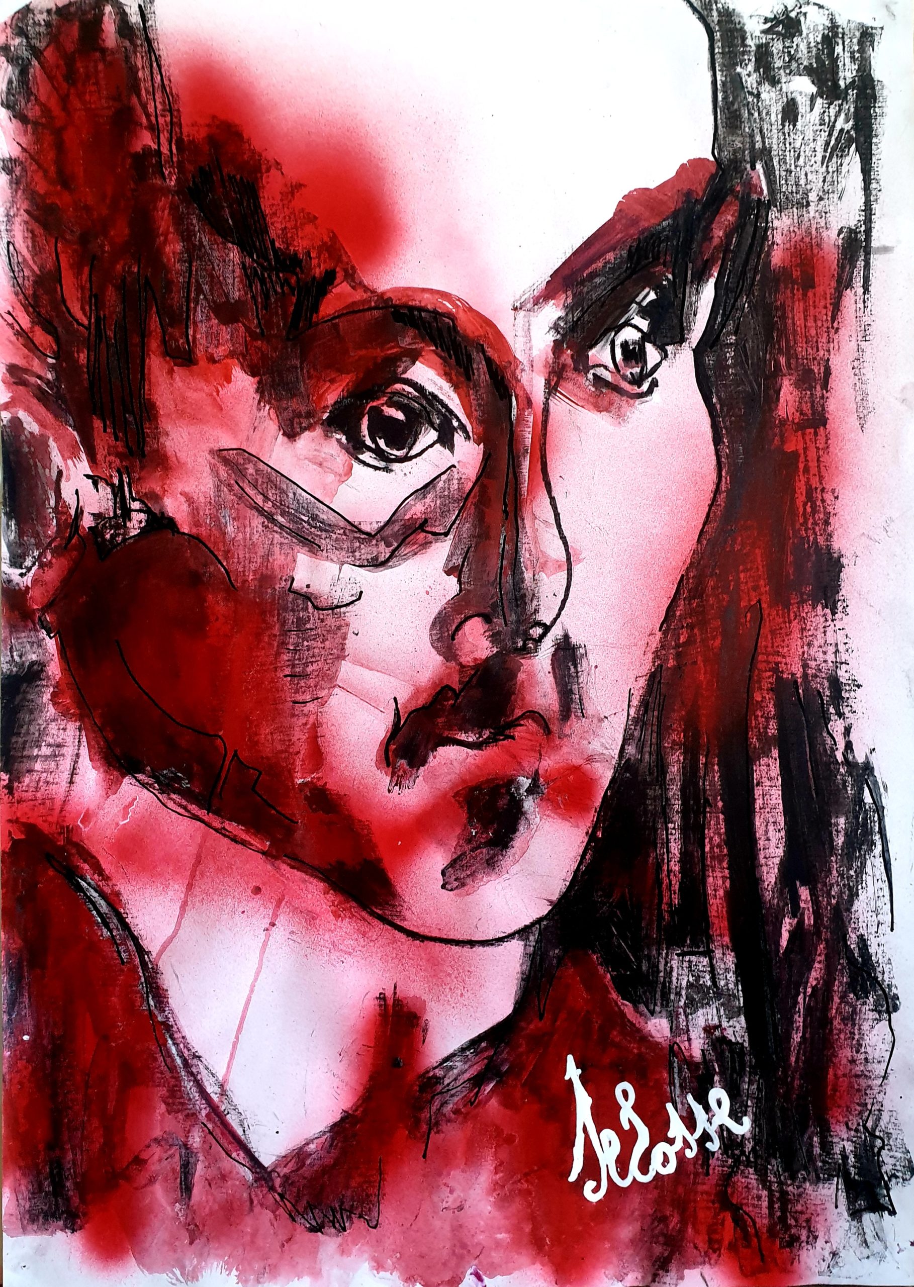 Portrait Expressif Rouge de Pablo Picasso, un visage intense aux traits audacieux et couleurs passionnées.