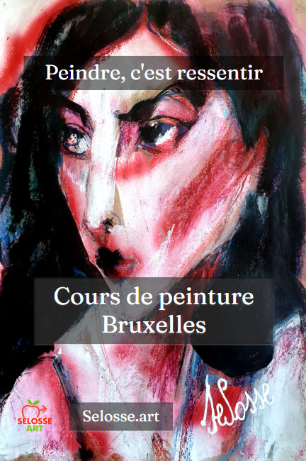 Portrait expressionniste coloré de femme peint par l'artiste Jérôme Selosse pour illustrer les cours de peinture à Bruxelles Ixelles. Citation : Peindre, c'est ressentir.