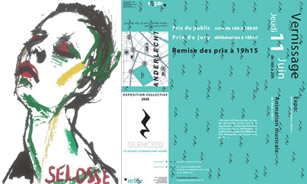 Flyer de l'exposition collective 'Silence(s)' à la Galerie Vertige d'Anderlecht. À gauche, un portrait au trait expressif (noir, vert, rouge et jaune) signé par l'artiste Jérôme Selosse. À droite, les informations du vernissage du 11 juin 2026 sur fond vert d'eau.