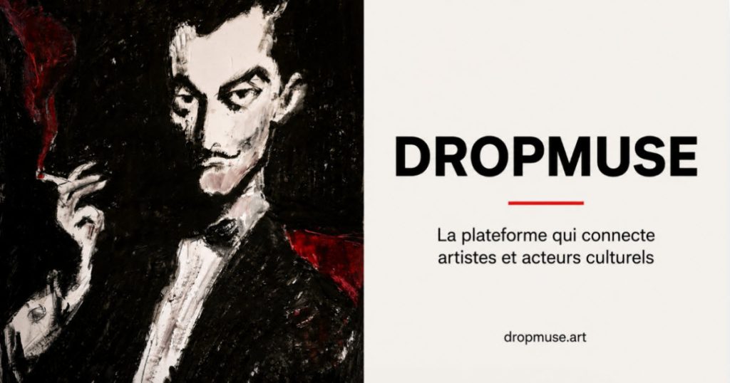 Visuel présentant à gauche le portrait expressionniste 'Élégance Sombre, L'Homme au Cigare' peint par Jérôme Selosse à Bruxelles. À droite, l'identité visuelle noire et blanche de Dropmuse, la plateforme qui connecte artistes et acteurs culturels.