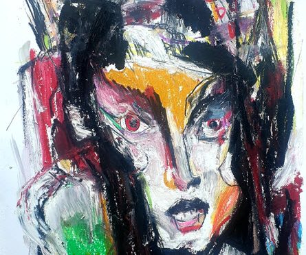 Portrait féminin expressionniste de Jérôme Selosse, montrant un visage intense aux yeux rouges et aux traits marqués par des touches vibrantes de couleurs vives.