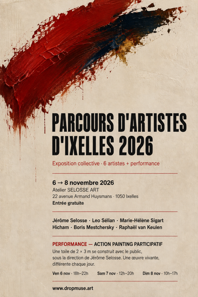Affiche de l'exposition collective Parcours d'Artistes d'Ixelles 2026 à l'Atelier Selosse Art, avec 6 artistes et performance d'action painting participatif.