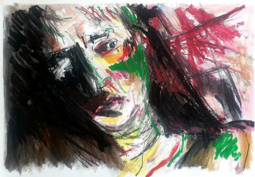 Le Cri — portrait expressionniste inspiré par Uma Thurman (Kill Bill), huile, par Jérôme Selosse, artiste peintre à Bruxelles.