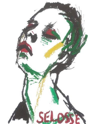 Portrait expressionniste — visage levé, technique mixte, par Jérôme Selosse, artiste peintre à Bruxelles.
